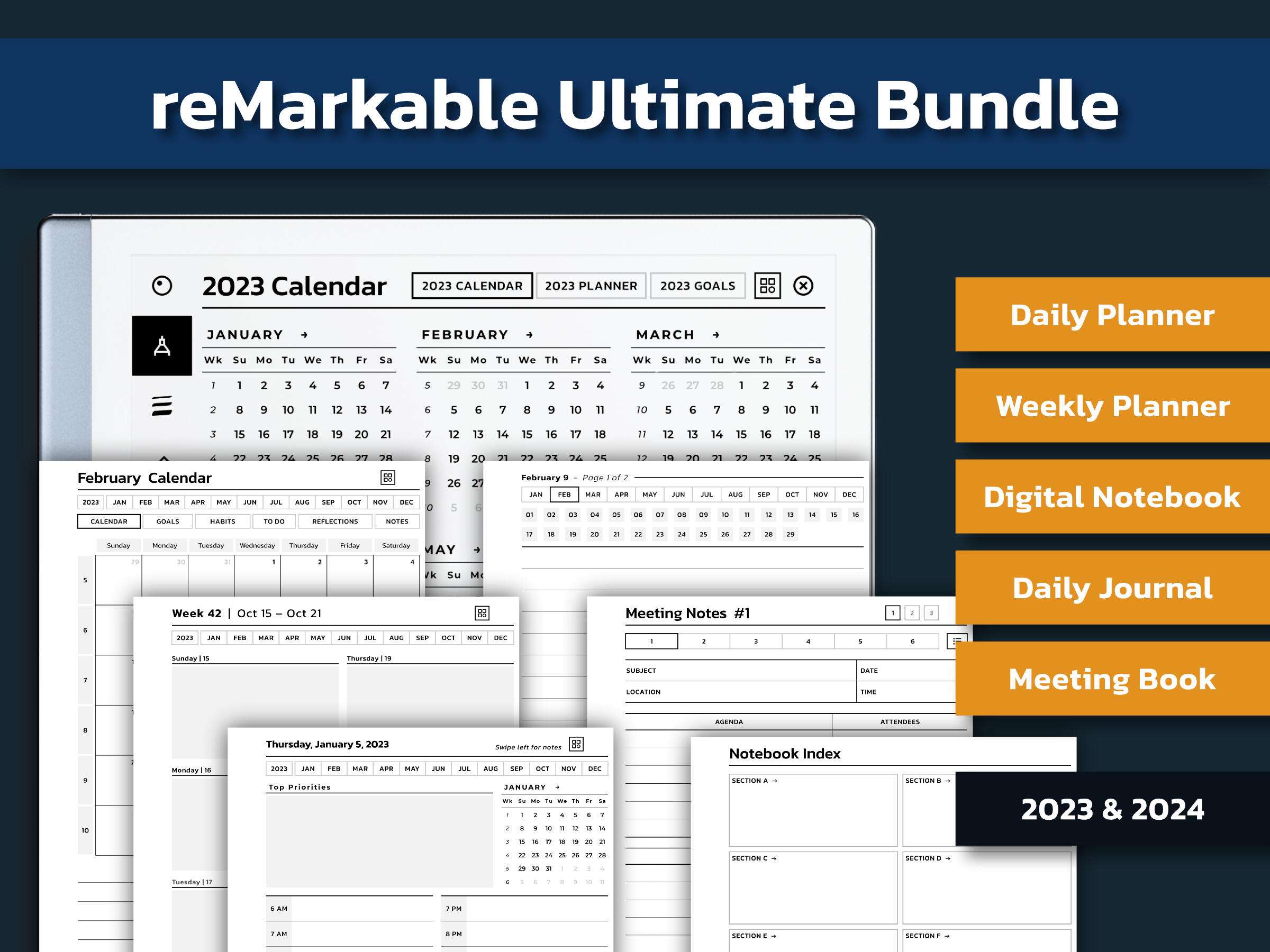 Modelli reMarkable 2 Daily Journal 2023 e 2024, PDF con collegamento  ipertestuale, Inizio domenica e lunedì, compatibile con reMarkable 1 -   Italia